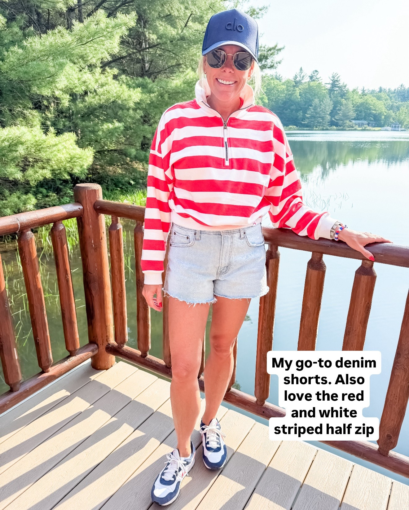 Favorite denim shorts (I’m in the 27 regular, I sized up one for comfort) with a small striped half zip and alo hat 

#LTKOver40 #LTKSeasonal #LTKSummerEdit