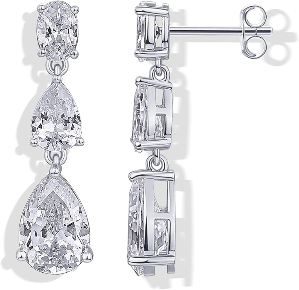 PAVOI 14K Gold Plated Cubic Zirconia Dangle Earrings for Women - Crystal Long Linear Bridal Drop ... | Amazon (US)