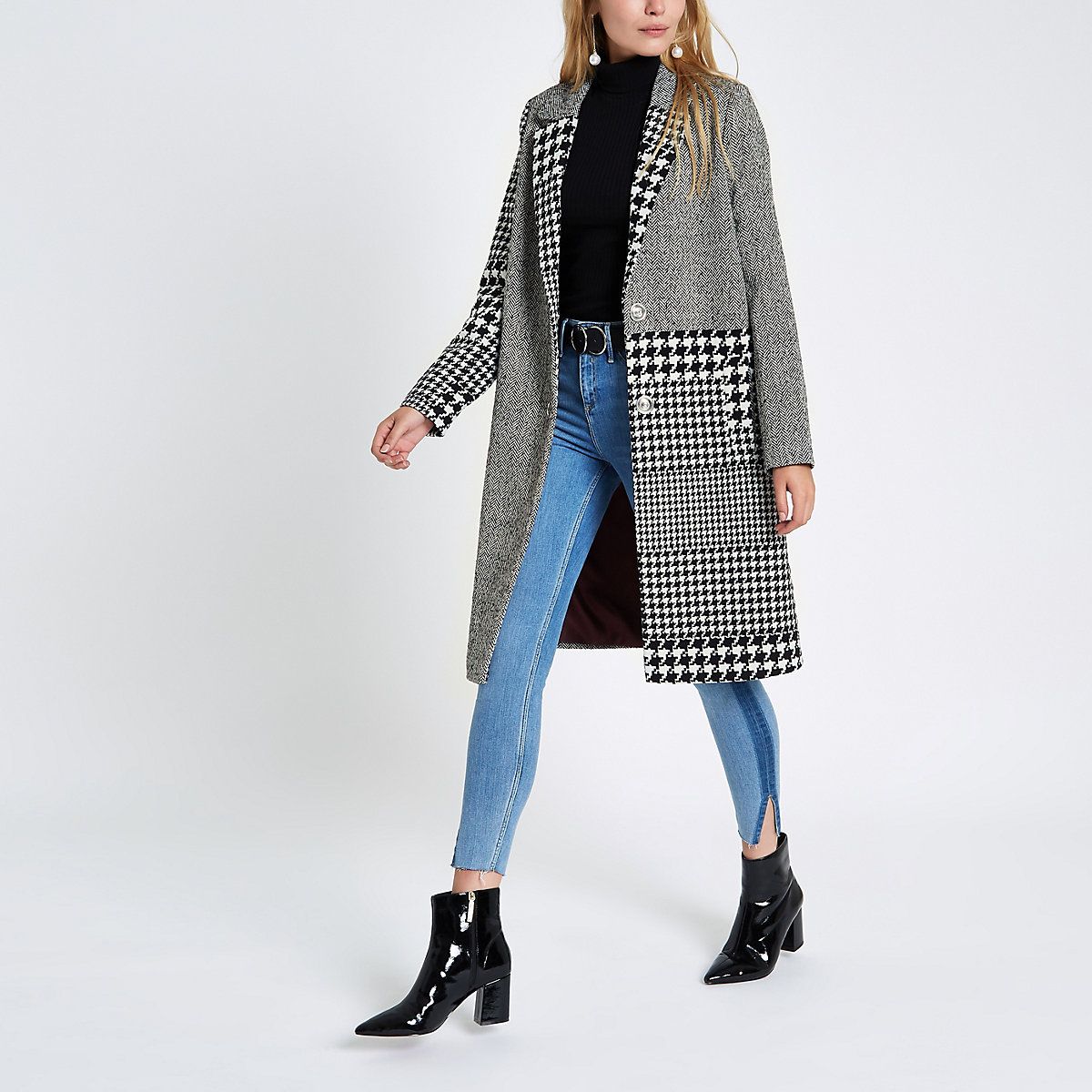 Black mixed check wool coat | River Island (UK & IE)