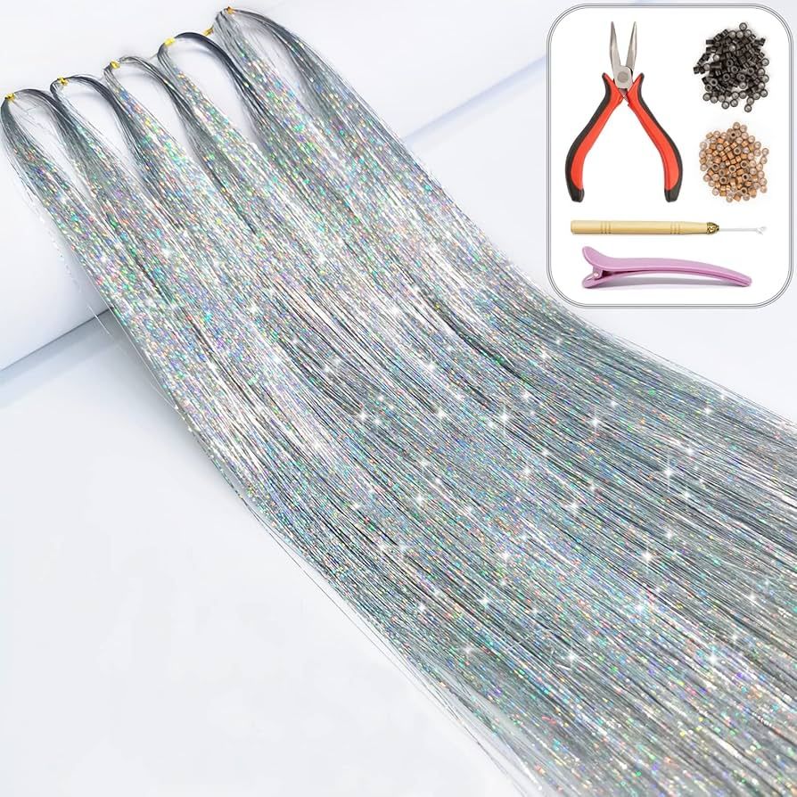 Hair Tinsel Kit with Tools and Instruction Easy to Use 1000 Strands 47 Inches Glitter Tinsel Hair... | Amazon (US)