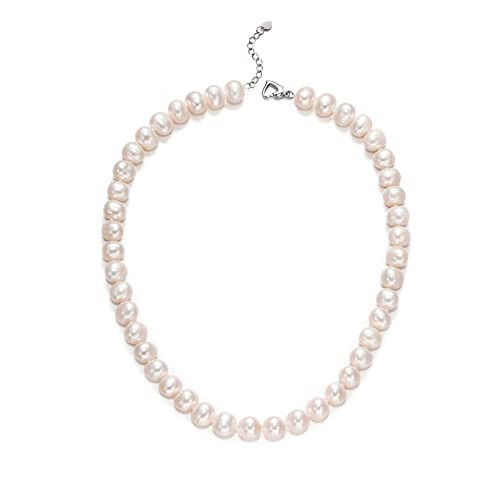 PEARLMES White Freshwater Cultured Pearl Necklace for Women, Real Pearl Strand Necklaces Jewelry with Heart Clasp,9-10mm Per Pearl,20 inch | Amazon (US)