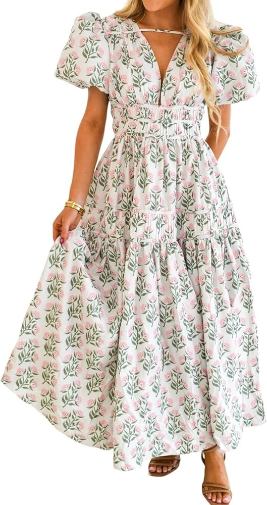 Women's Classy Short Puff Sleeve Midi Floral Dress | Amazon (US)