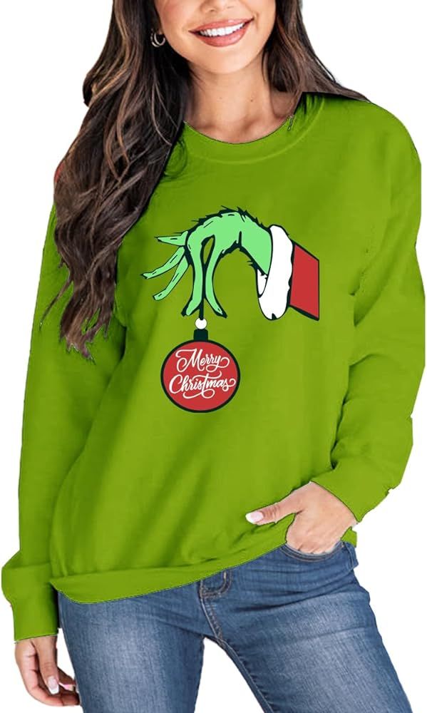 AOBUTE Women Christmas Sweatshirt Santa Print Long Sleeve Casual Cute Shirt | Amazon (US)