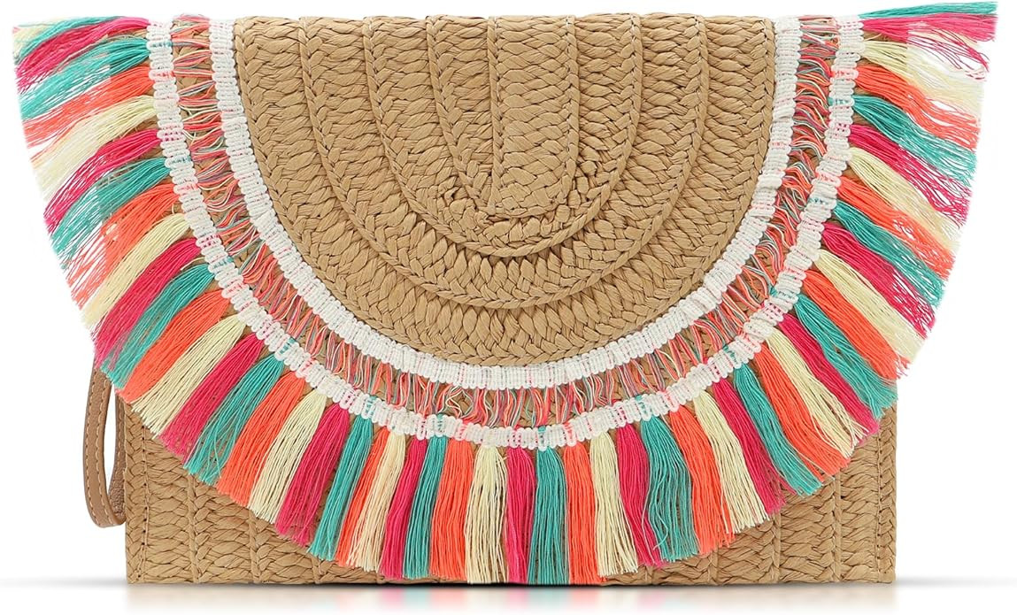 Bohemian Beach Bag, Crossbody Bags for Women, Colorful Tassels Straw Clutch Purses, Handmade Wove... | Amazon (US)