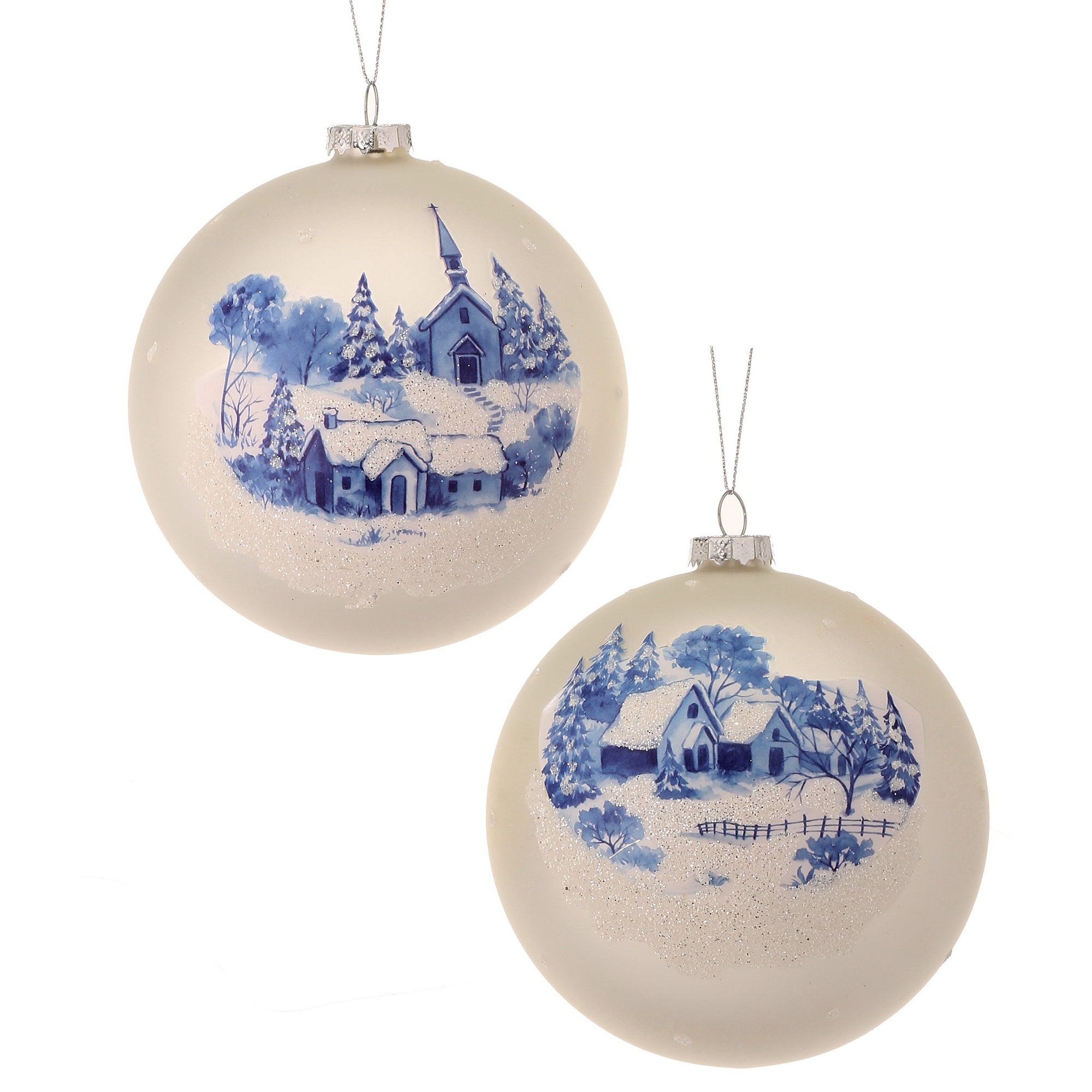 Set of 2 Blue and White Glass Winter Estate Ball Christmas Ornaments | Walmart (US)