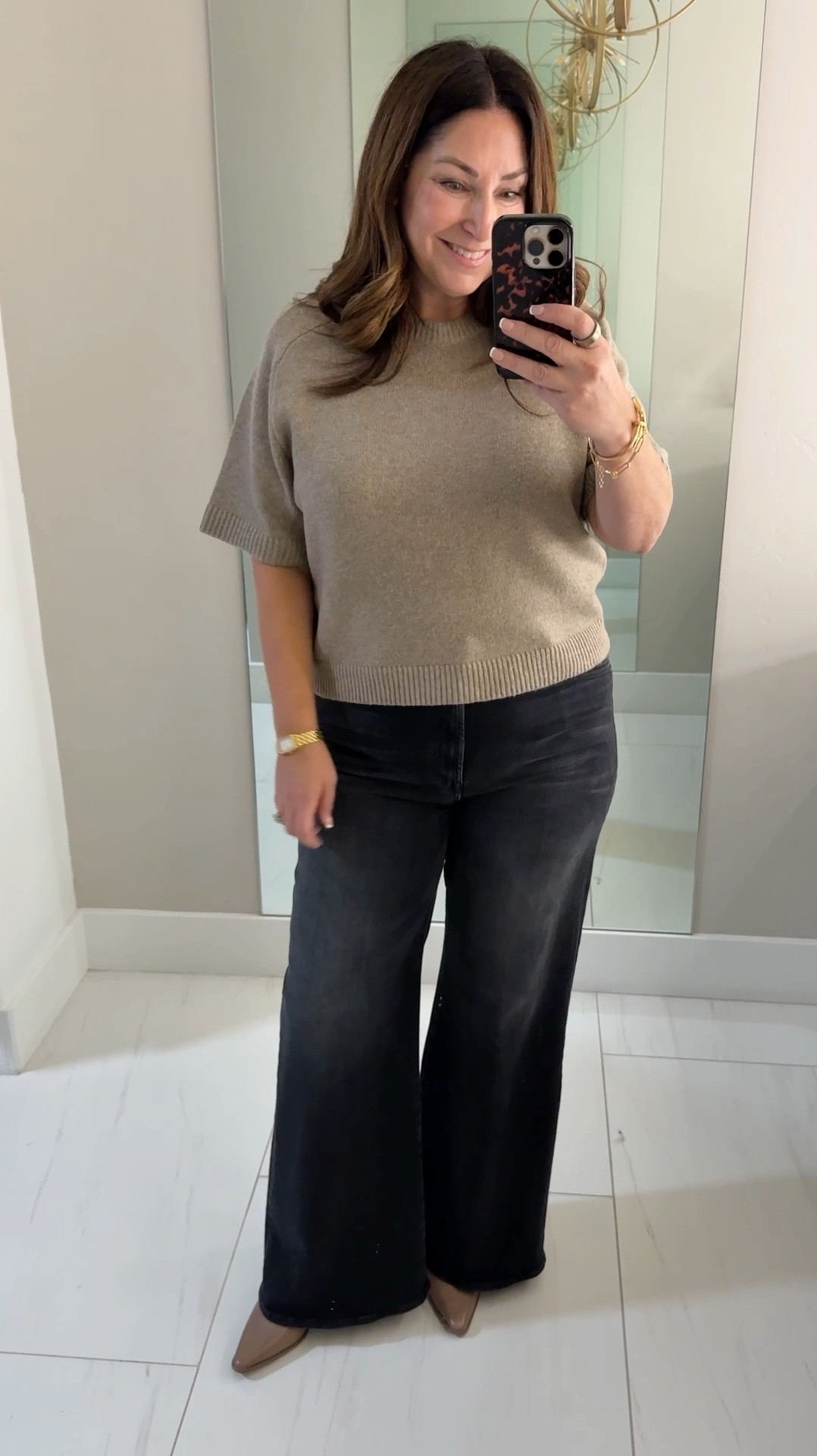Fall outfits with short sleeve sweaters from @abercrombie wearing large in both tops. 34 in black jeans, XL petite in wide leg Spanx jeans 

#LTKFallSale #LTKMidsize #LTKOver40