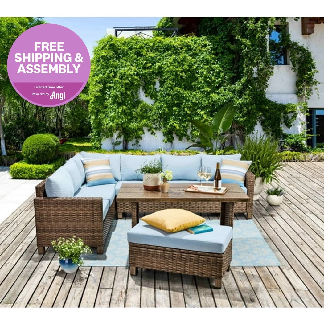 Better Homes & Gardens Brookbury 4-Piece Outdoor Wicker Patio Sectional Dining Set, Blue Cushions | Walmart (US)