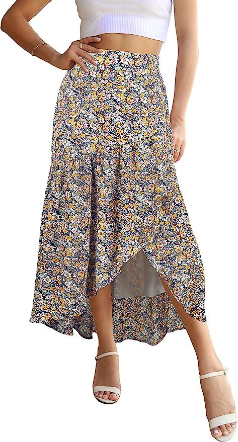 PRETTYGARDEN Womens Boho Floral Print Long Skirt High Low Ruffle Split High Waist Pleated Skirt S... | Amazon (US)