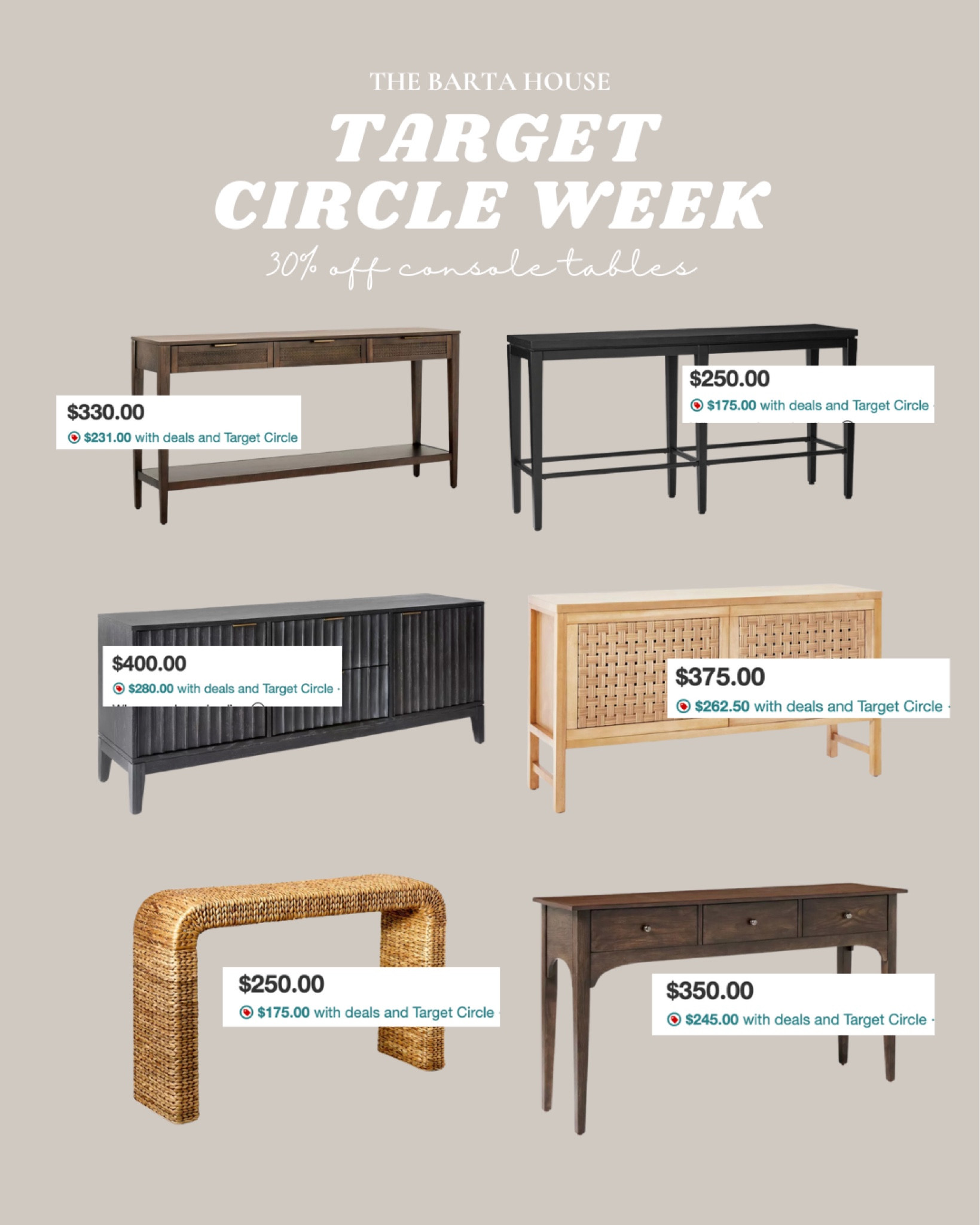 Consoles on sale for Target Circle Week! 30% off 🙌🏻

Console tables, neutral style, modern style, Target finds, home decor ideas, simple home style

#LTKSummerSales #LTKHome #LTKSaleAlert
