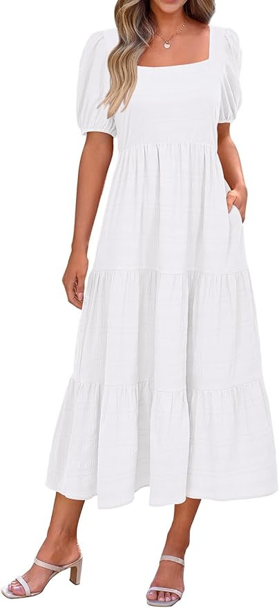 PRETTYGARDEN Women's Summer Dresses 2024 Puff Sleeve Square Neck High Waist Smocked A-Line Flowy ... | Amazon (US)