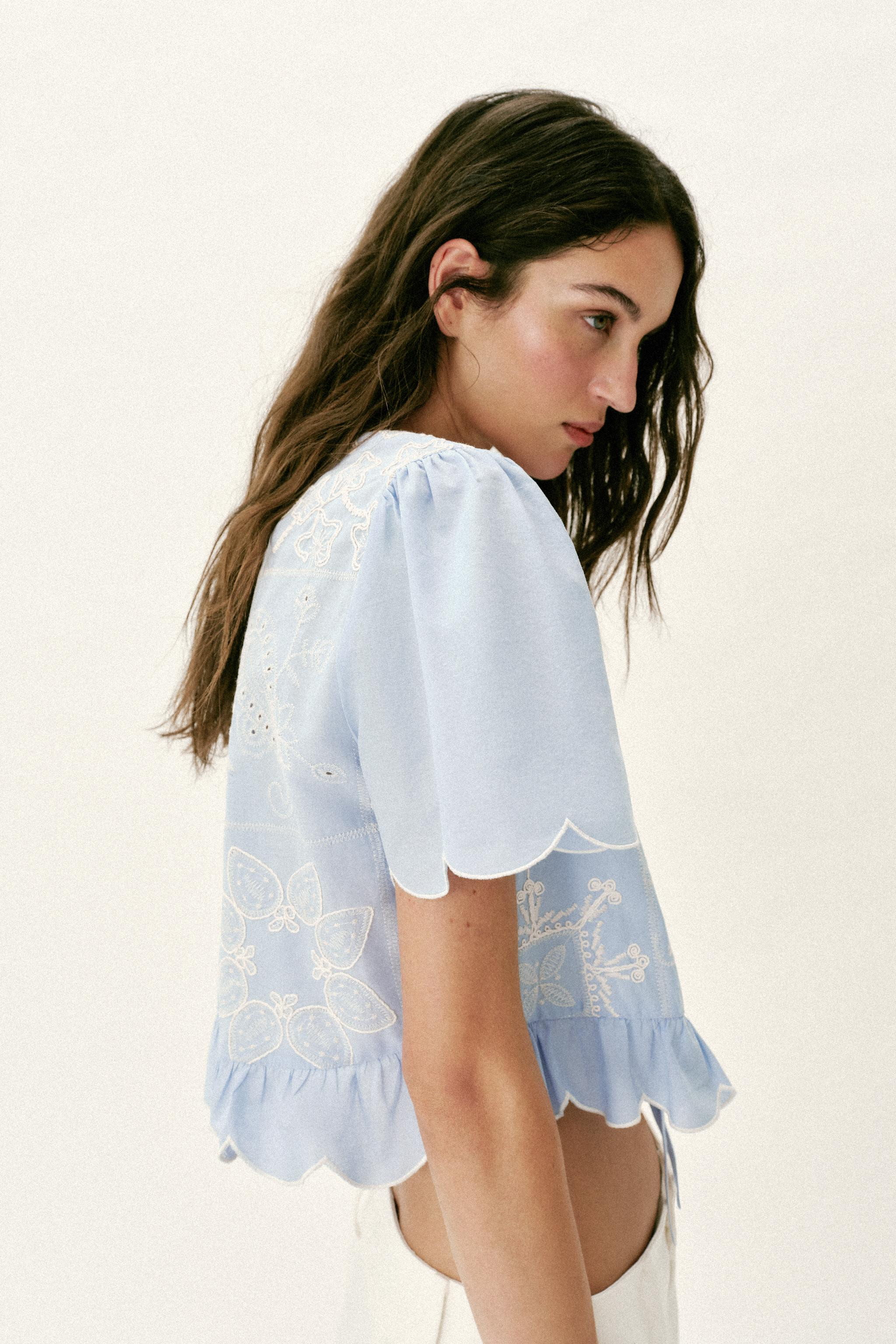 PERFORATED EMBROIDERED TIE BLOUSE | Zara US