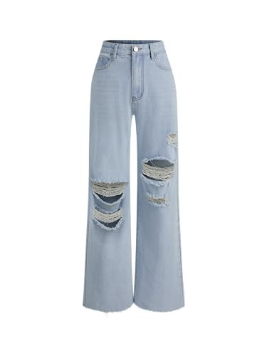 CIDER Women’s Ripped Jeans High Waisted Distressed Baggy Straight Wide Leg Pants: Sky Blue, XXS | Amazon (US)