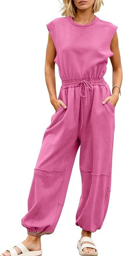 Kissonic Jumpsuits for Women Casual Crewneck Cap Sleeve Drawstring Romper One Piece Outfits with ... | Amazon (US)