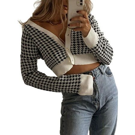 Women Vintage Y2k Button Houndstooth Knitted Cardigan Retro Sweater V-Neck Female Harajuku Casual To | Walmart (US)