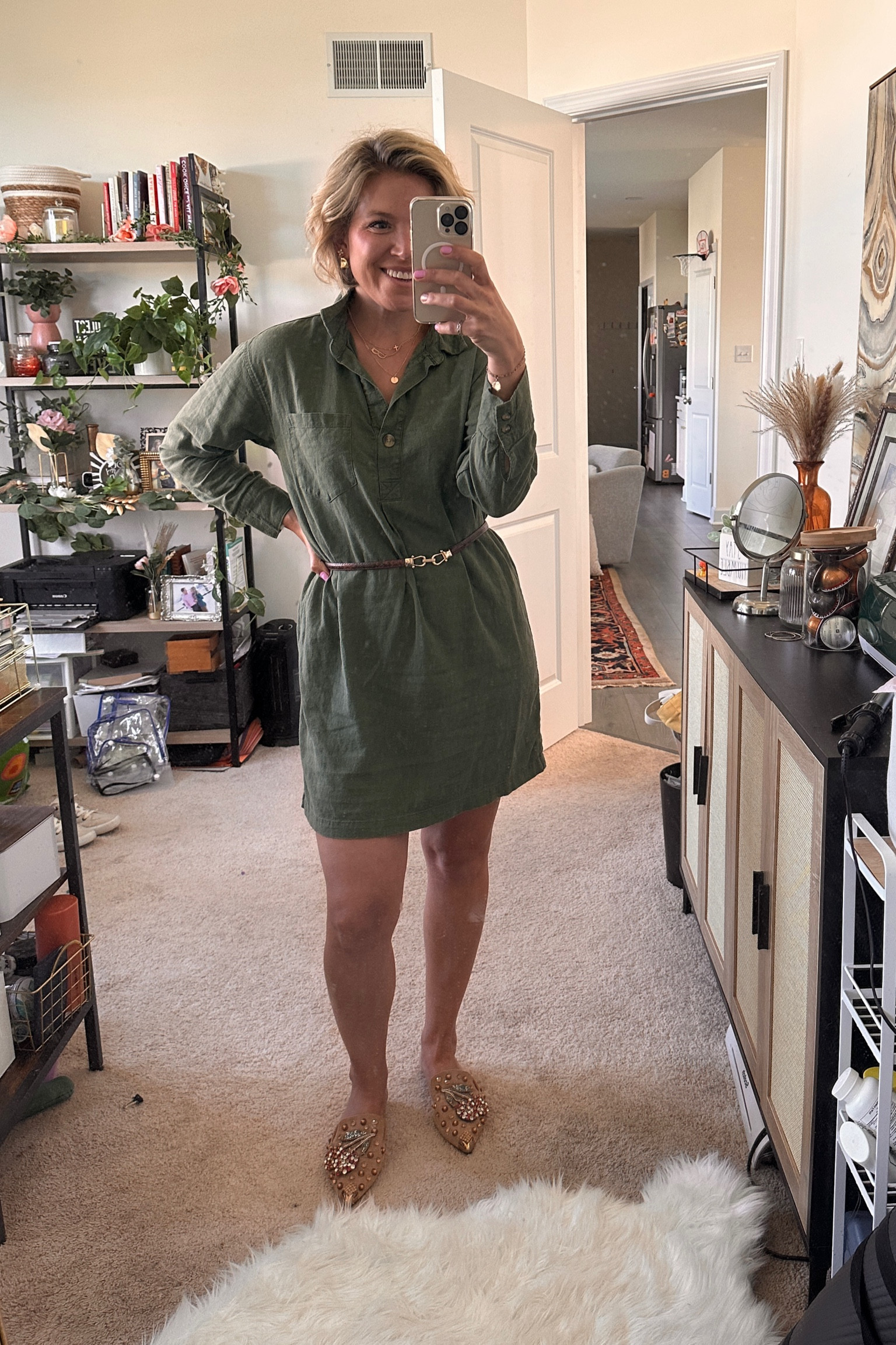 Birthday OOTD army green shirt dress and gem flats

#LTKWorkwear #LTKMidsize #LTKSeasonal