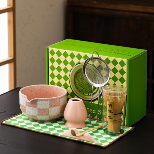 Premium 7-Piece Matcha Tea Set – Traditional Japanese Style with Elegant Grid Pattern, Includes Bamboo Whisk, Ceramic Bowl, Scoop & More – Perfect for Matcha Lovers & Tea Ceremony (Pink grid) | Amazon (US)