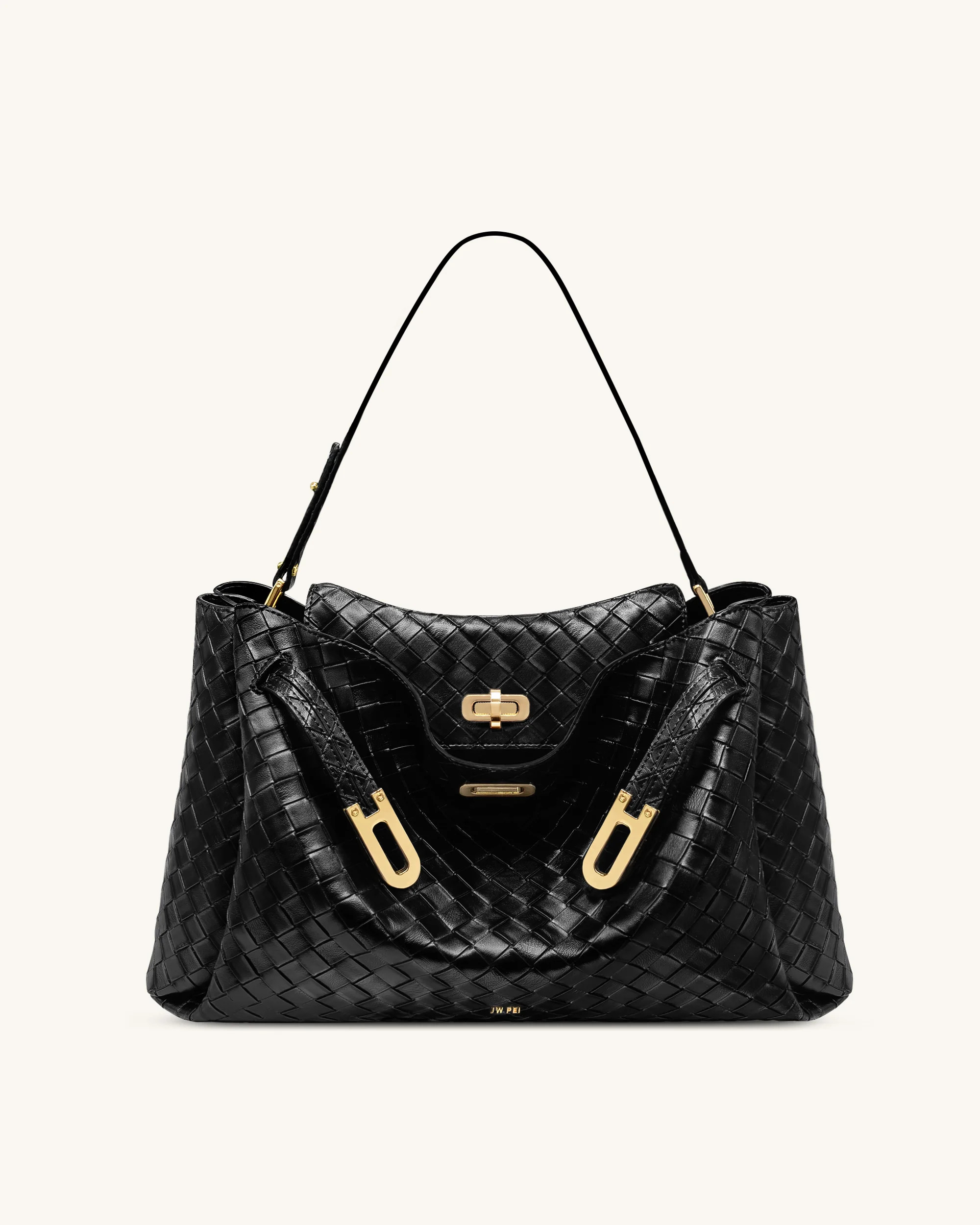 Rhea Large Woven Textured Shoulder Bag - Black | JW PEI US