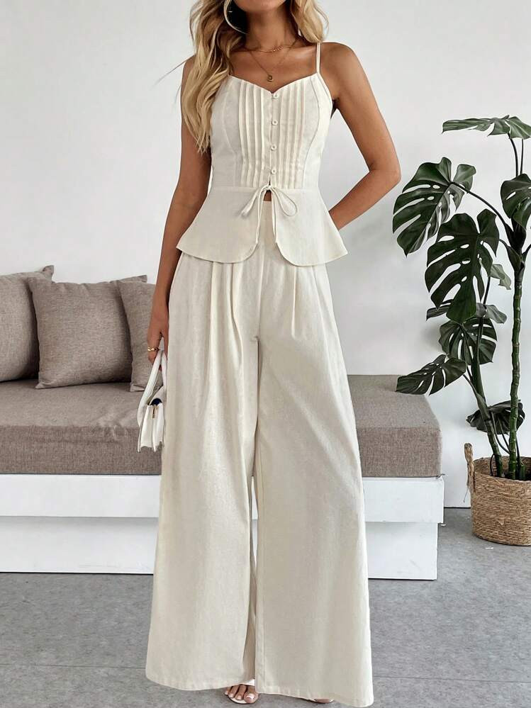 Calvaya 2pcs/Set White Linen Sleeveless Jumpsuit Palazzo Pants | SHEIN