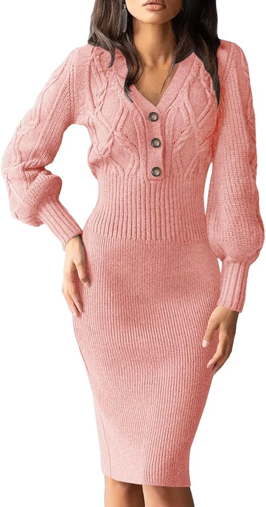 Langwyqu Women's V Neck Lantern Long Sleeve Sweater Dress Sexy Bodycon Cable Ribbed Knit Fall Pul... | Amazon (US)