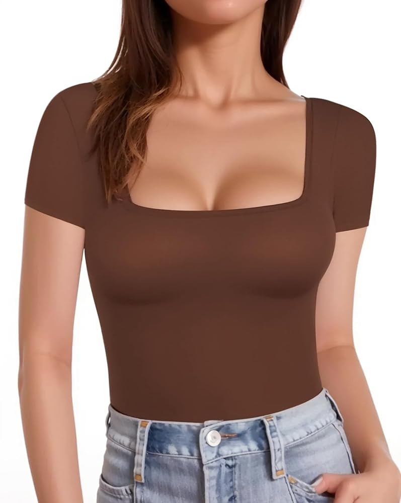 MANGOPOP Womens Square Neck T Shirts Short Sleeve Tops Fitted Tees | Amazon (US)