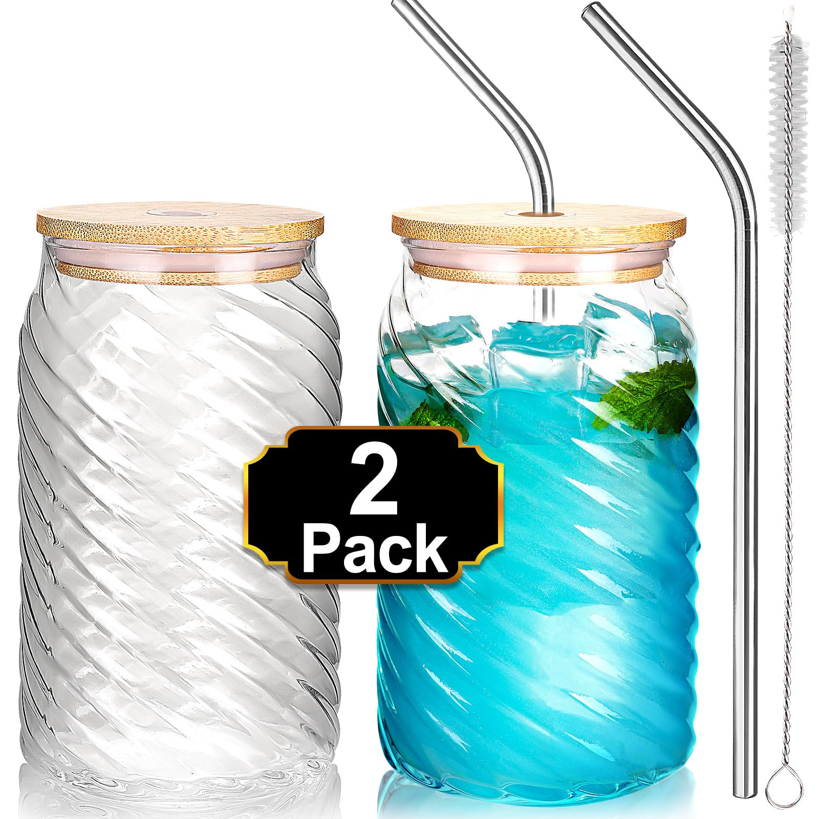 Glass Cups with Bamboo Lid and Straw, 2 Set 18oz Glass Cups with Unique Spiral Pattern for Coffee... | Amazon (US)