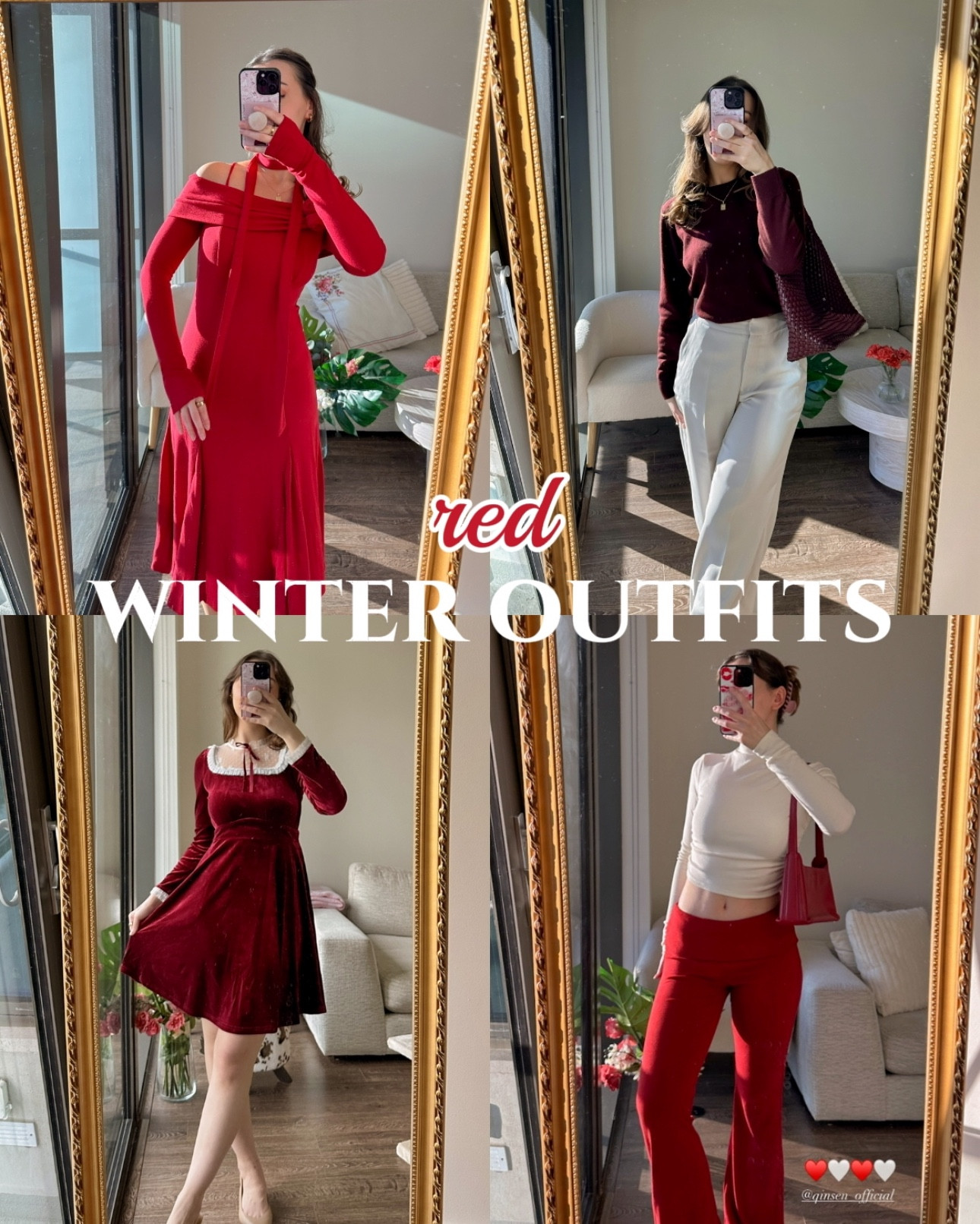 Hi bbs! Cold weather is now in full swing and I’ve put together a few cute winter looks featuring pops of RED 🍒♥️💋 
 (PS these are mostly for Texas winter, but I tried hehe)
 ♥️ RED ROSETTE MIDI DRESS  This knit dress from Simple Retro is everything! I got a size small & it fits true to size with even an extra bit of stretch. The 3d flower deets are actually removable too ~ you can unpin them and wear the dress without them, or pin them on other items in your closet to get extra styles out of the things you already own 🫶
 🍷 BURGUNDY CASHMERE SWEATER Believe it or not, this sweater was only $50 (!!) from Quince and feels soo soft, truly quality cashmere. I got a size Medium because sometimes I find cashmere shrinks a bit since I use warm water to wash, not cold like recommended (oops). This sweater also comes in a variety of colors so you can stock up on your favs :)
 🥀 RED VELVET LACE DRESS Cutest holiday vibes with this classic mini dress (also from Simple Retro)! The quality is AMAZING and I plan to get more wear out of this dress for upcoming holidays like Valentine’s Day 🥰
 🍿 RIBBED FOLDOVER WAIST FLARED PANTS  These pants are actually part of a two piece set (comes with the top I’m wearing, I just mixed and matched the white & red sets)! They feature a trendy foldover waist for the cutest pilates princess vibes 🫶
 Which outfit(s) are your fav? Lmk and let’s be friends 🥰
 amazon fashion finds, red winter outfit ideas, casual ootd, running errands outfits #amazonfashionfinds #amazonclothes #redoutfit #winterfashion 

#LTKSeasonal #LTKFindsUnder50 #LTKStyleTip