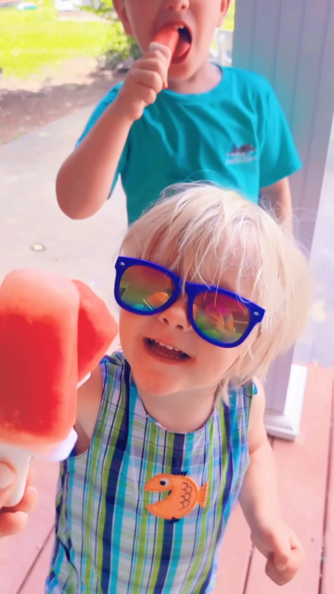 Nothing says sweet summertime 🌸 in the middle of July 🌞 than homemade watermelon 🍉 lime 🍋‍🟩 popsicles 🧊 cheers 😋 with my babies 👶🏼- also how stinking adorable 🥰 are Sweet Baby Levi Rhett’s whittle sunglasses 😎 hehe 🤭