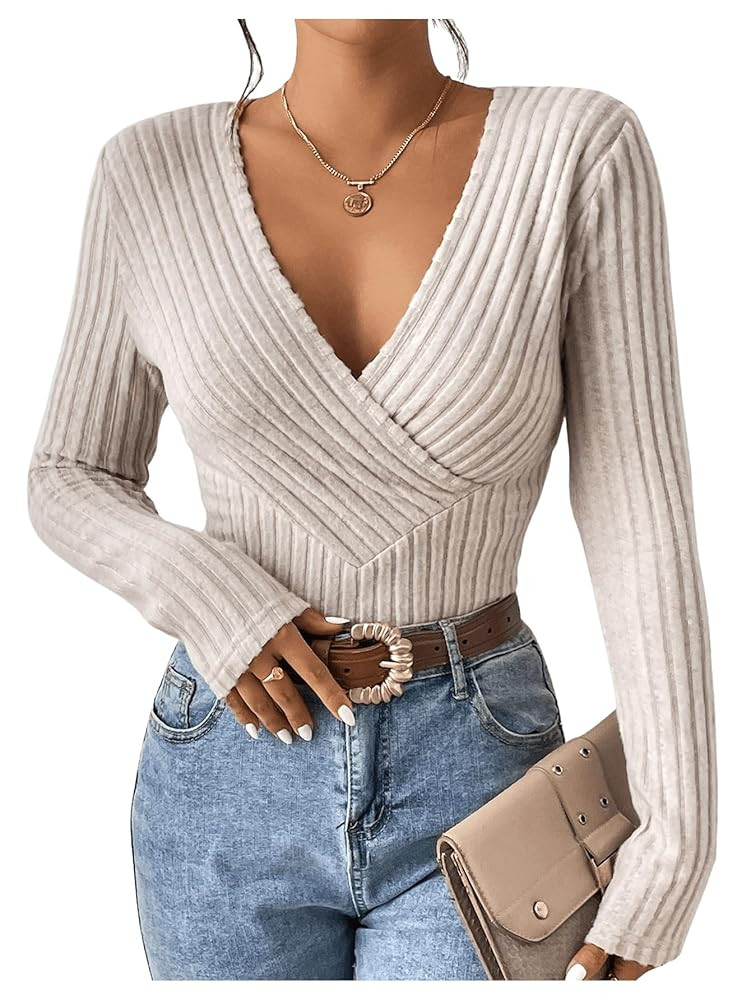 SOLY HUX Women's T Shirt V Neck Wrap Long Sleeve Knit Tee Slim Fit Fall Tops | Amazon (US)