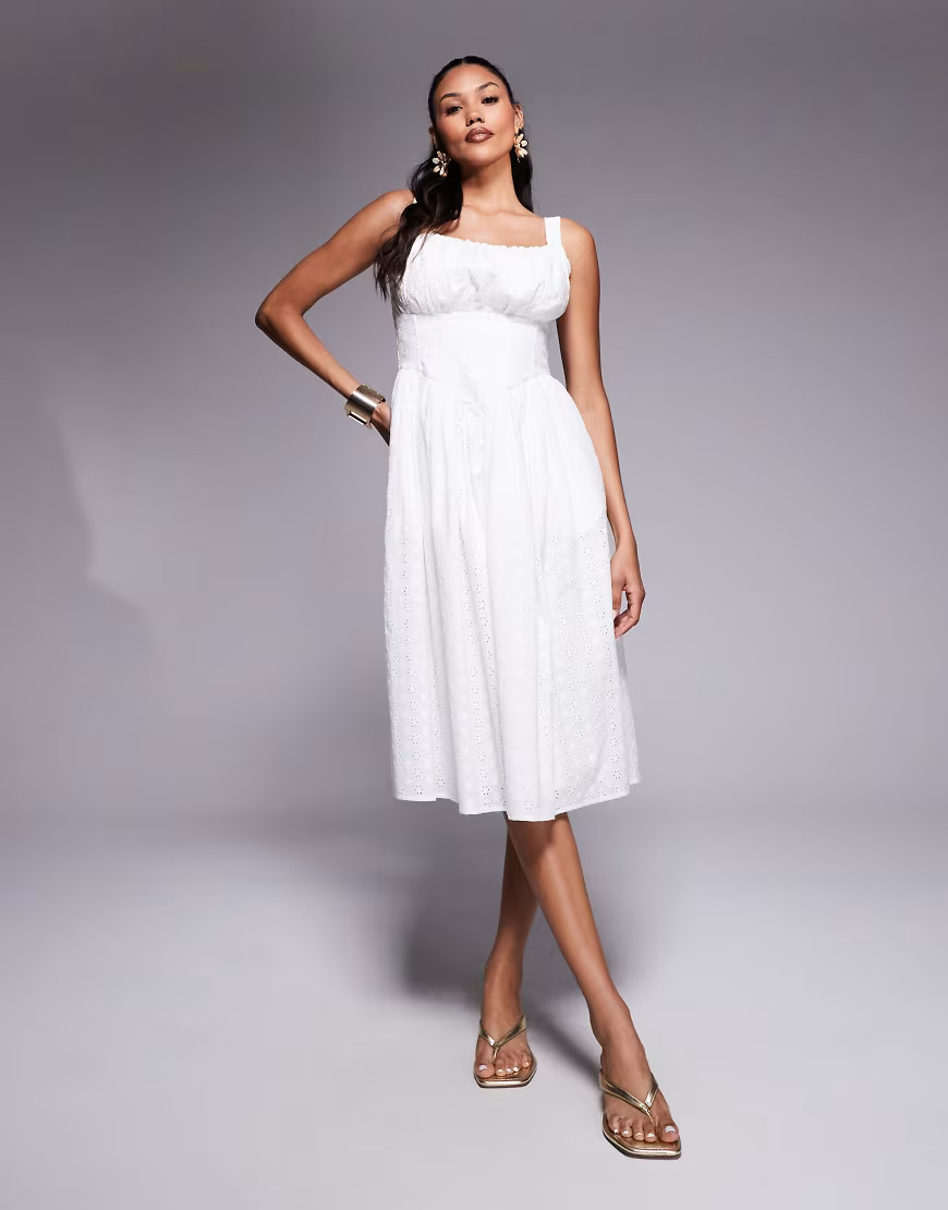 Taideux fuller bust Marie midi broderie dress with ruching and boning in white | ASOS (Global)