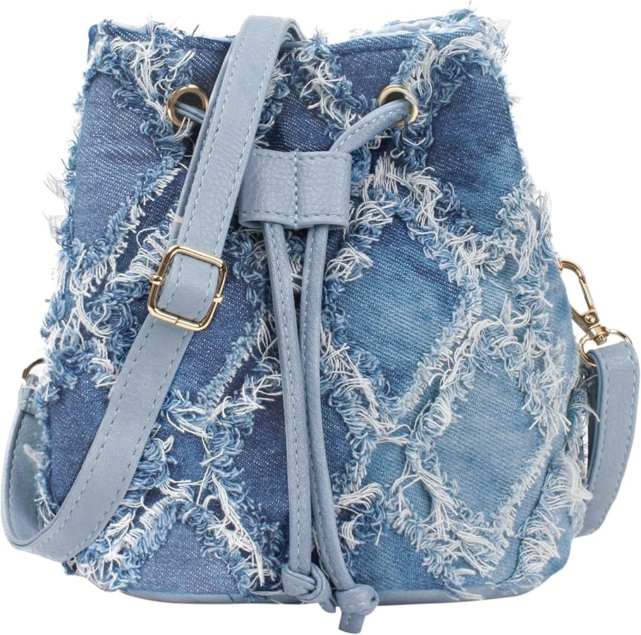 Women Denim Purse Handbag Jean Bucket Drawstring Crossbody Bag Quilted Distressed Tassel Hobo Sho... | Amazon (US)