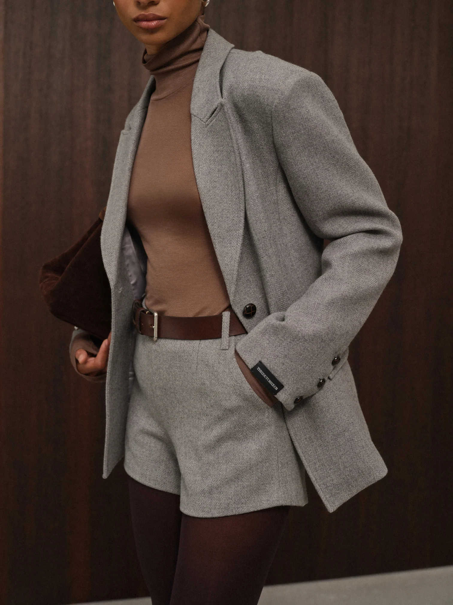 HERRINGBONE TAILORED MINI SHORTS - GREY | The Couture Club