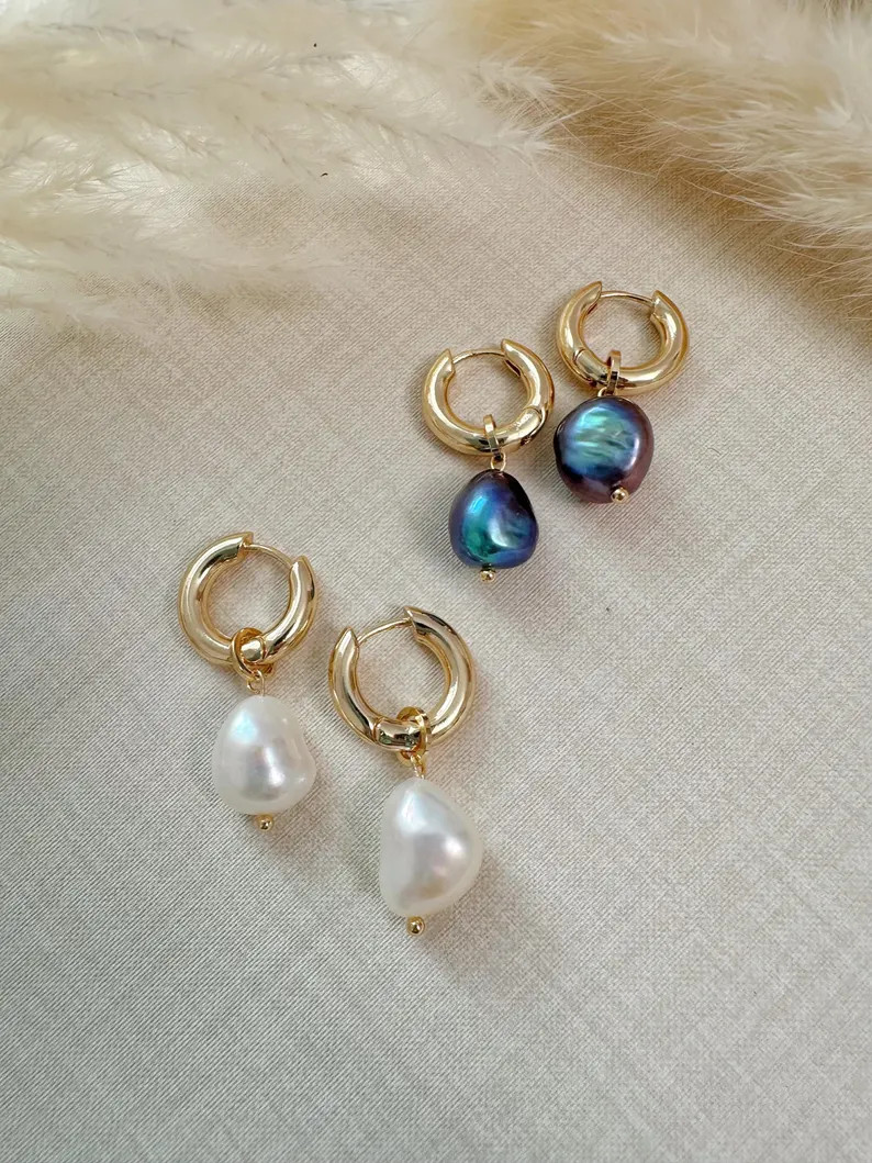 Huggie Earrings Pearl 14k Gold Unique Birthday Gift for Her Gift for Bride Bridesmaid - Etsy | Etsy (US)