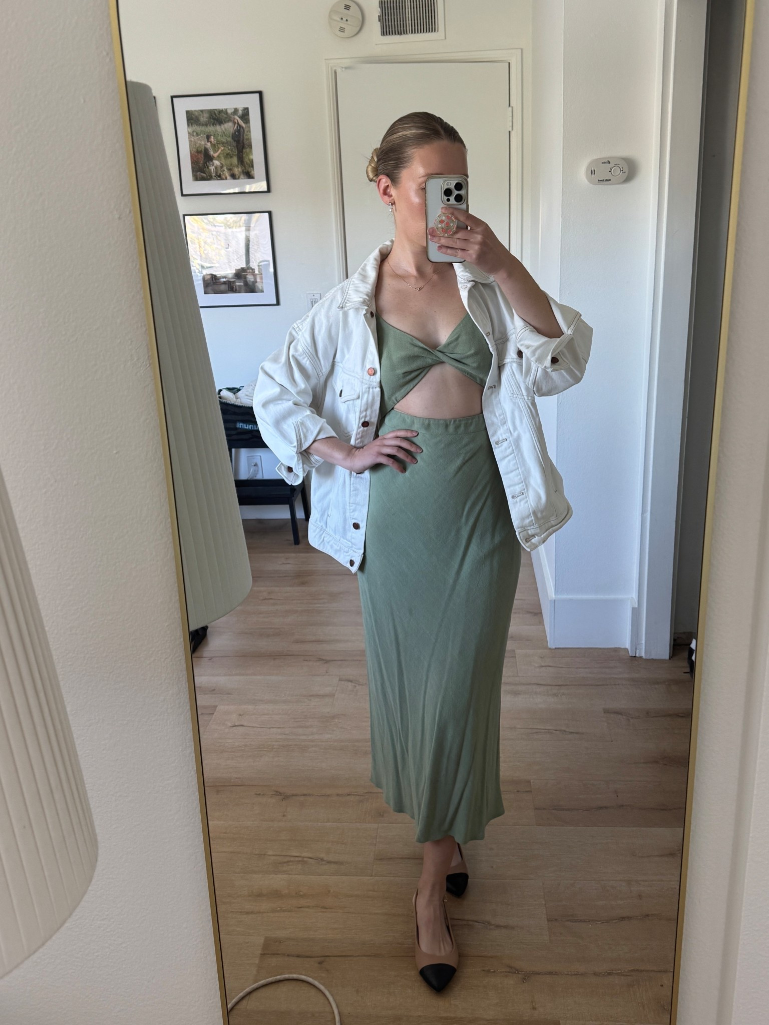 Ootd for spring / green dress / white denim jacket / ballet flats 

#LTKShoeCrush #LTKFindsUnder100 #LTKSeasonal