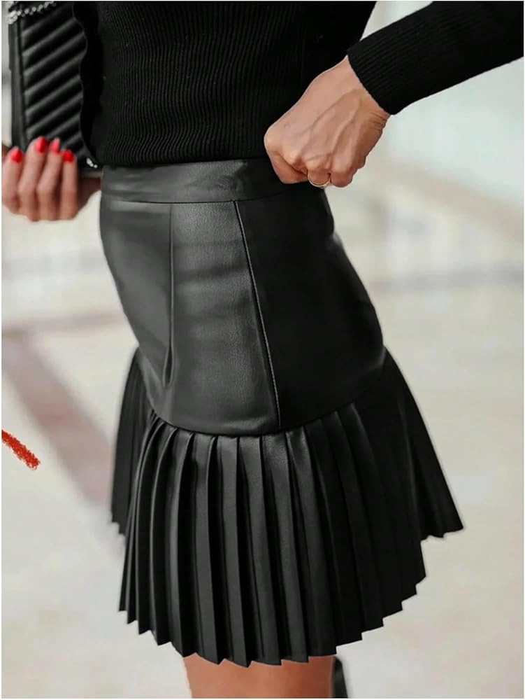 Floerns Women's Leather Skirt High Waisted Short Skirt Club Party Pleated Skirt | Amazon (US)