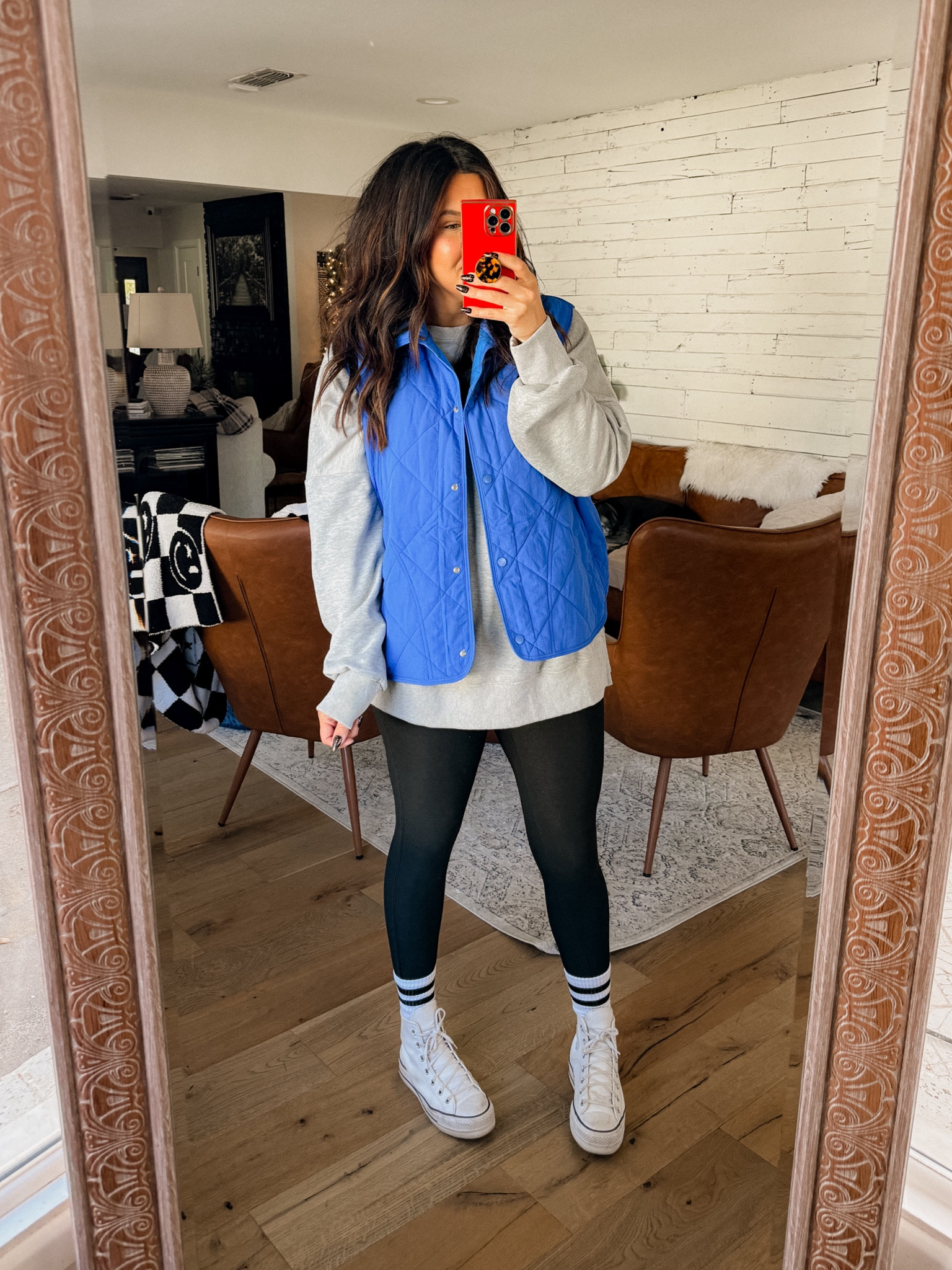 Casual mom outfit from Amazon 
Free People dupe vest: XXL
Long tunic sweatshirt: Xxl
Faux Leather Leggings: XL
Striped socks are so good!
Converse high top: size down 1:2 size 

#LTKfindsunder50 #LTKmidsize #LTKstyletip