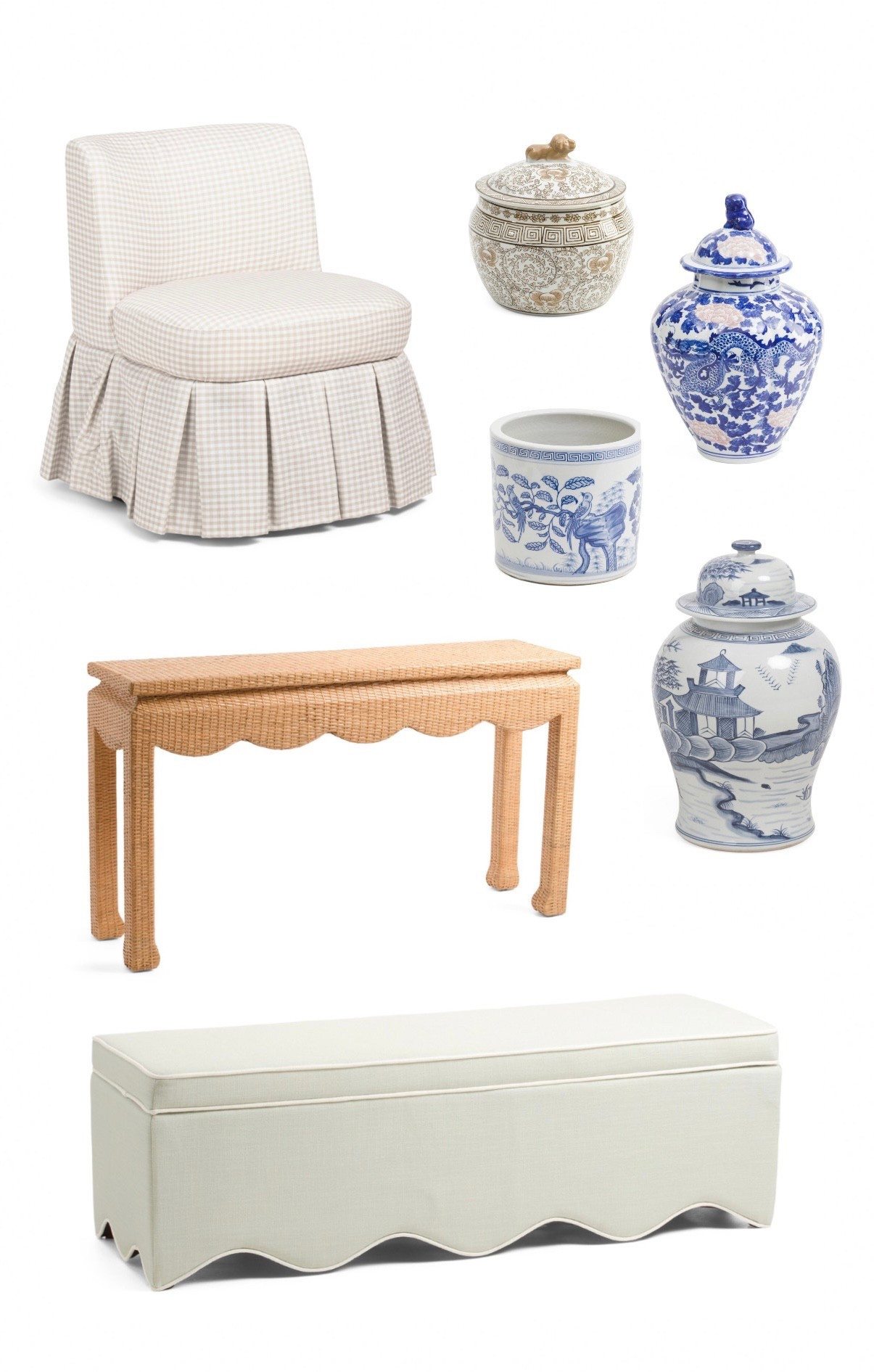 Tjmaxx and Marshalls new arrivals 🤍 home decor deals skirted slipper chairs scalloped console table ginger jars scalloped bench Lillian August blue and white decor 