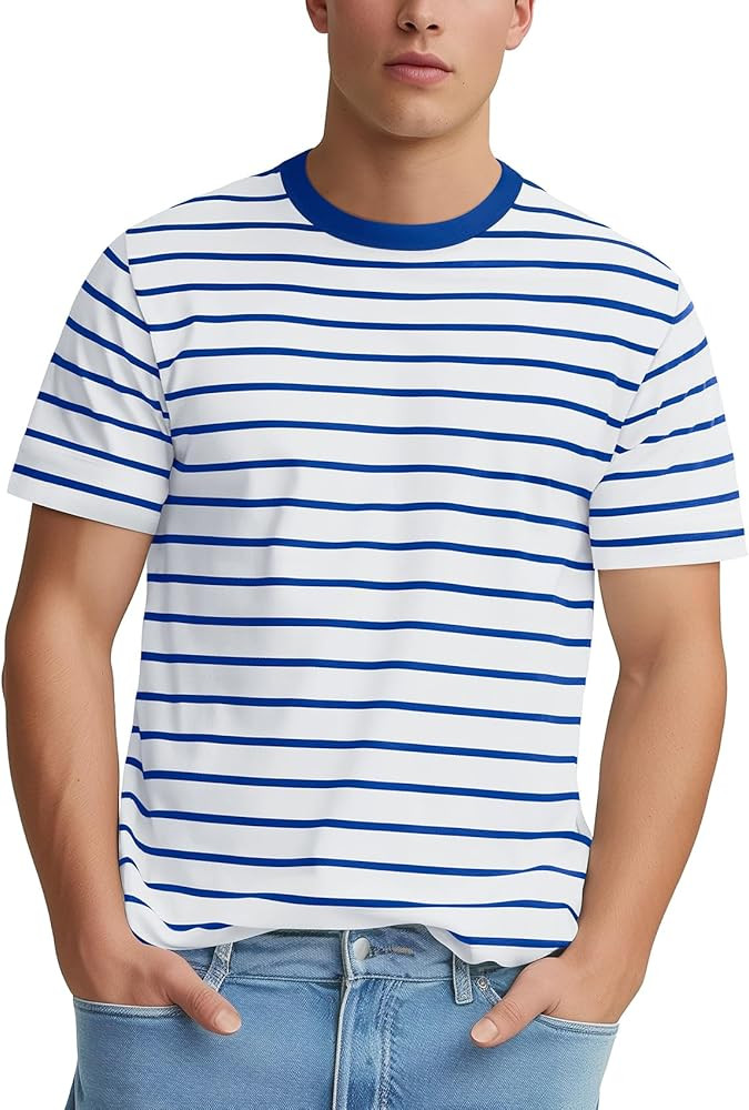 Zengjo Mens Striped T-Shirt Short Sleeve Crewneck Classic Horizontal Stripe Tee Top | Amazon (US)