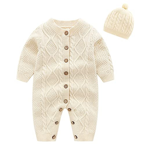 IADOER Baby Newborn Boy Knitted Sweater Romper Cotton Longsleeve Outfit with Kids Winter Warm Hats Set（Beige 9-12M | Amazon (US)