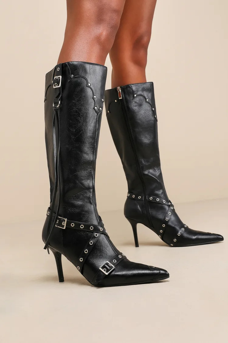 Bertruda Black Buckle Pointed-Toe Knee High Boots | Lulus (US)