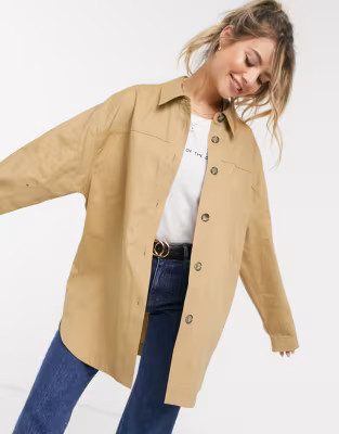 ASOS DESIGN oversized cotton shirt shacket in stone | ASOS (Global)