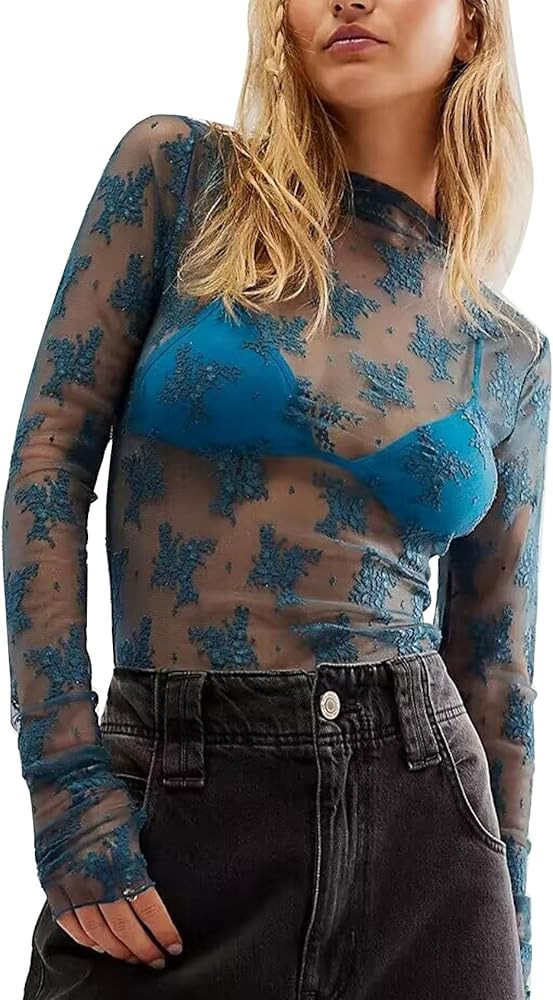 ROJZR Womens Mesh Long Sleeve Tops Mock Neck Sheer Lace Floral See Through Shirts Blouse | Amazon (US)