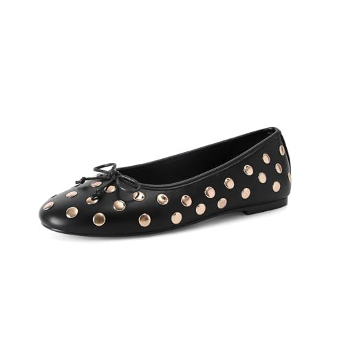 SOVANYOU Women's Black Studded Mary Jane Ballet Flats Closed Round Toe Flat with Bow Slip on Ballerina Flats Comfortable Walking Ballet Shoes Work Shoes | Amazon (US)