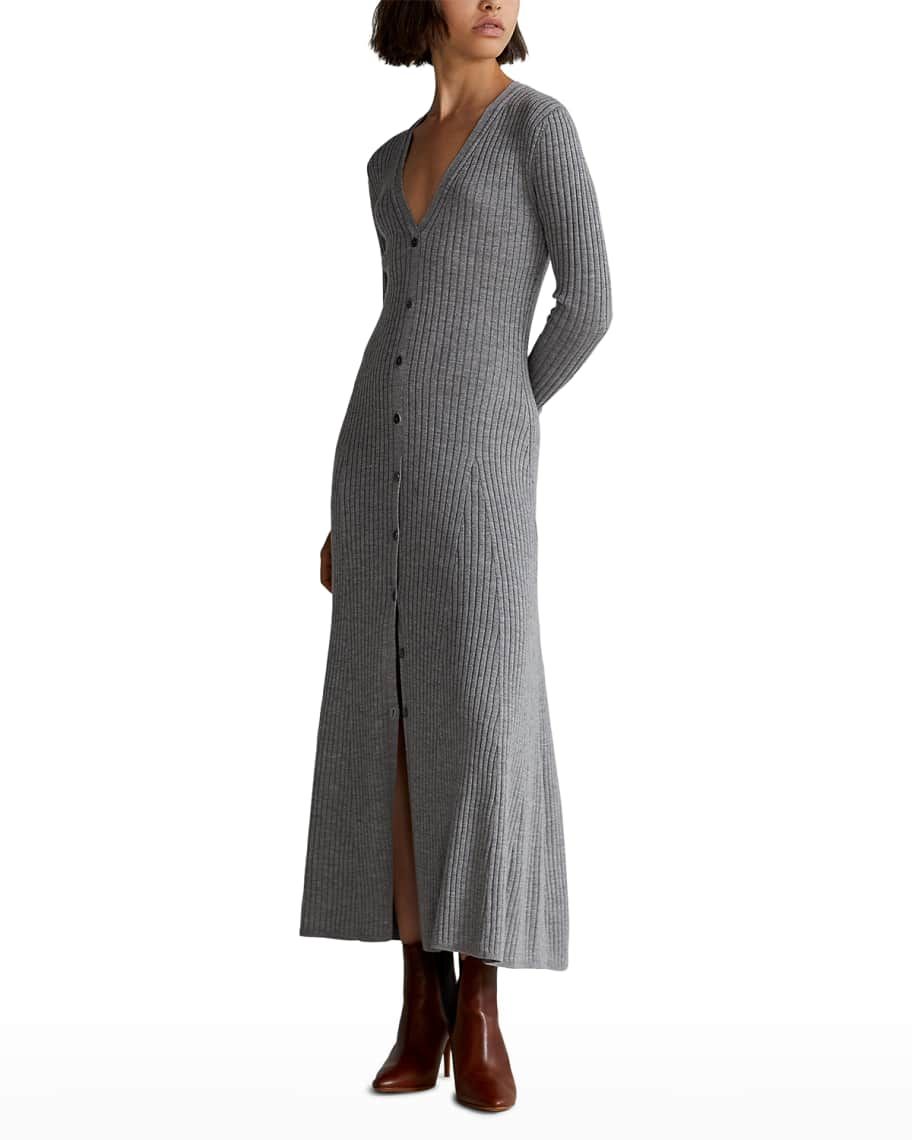 Polo Ralph Lauren V-Neck Button-Front Long Wool Dress | Neiman Marcus
