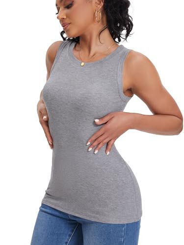 Grey Ribbed Basic Tank Tops Women Cuting Going Out Summer Tops(Grey X-Large) | Amazon (US)