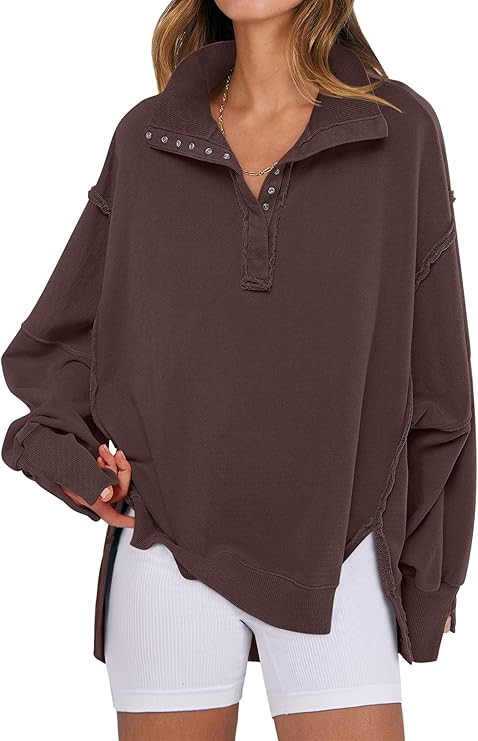 ANRABESS Women's Sweatshirts Oversized Casual Loose Button Up Henley Pullover Top High Low Split ... | Amazon (US)