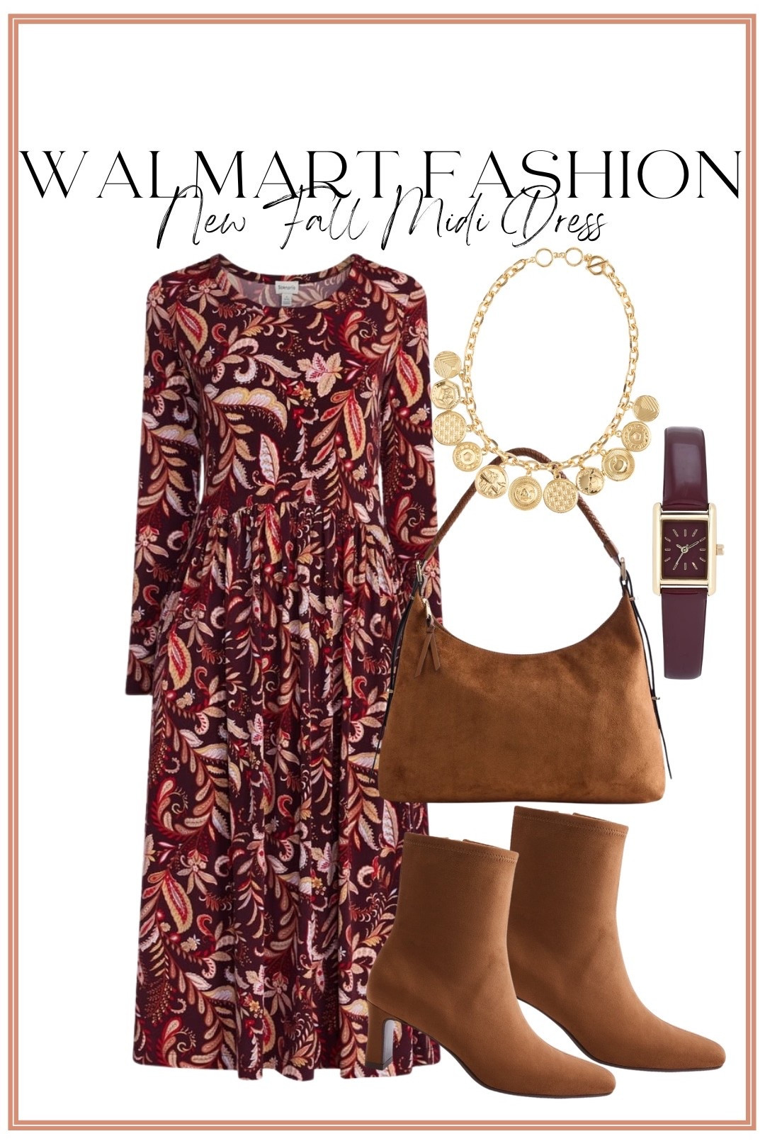 This new Walmart fashion arrival is SO good for fall! 🤎🍂 This gorgeous paisley print midi dress has the prettiest rich burgundy, brown and blush tones with long sleeves and an easy flowy silhouette. I love how elevated it looks styled with warm brown accessories, ankle boots, a suede-look handbag and gold statement jewelry. ✨ Such a pretty Walmart dress for work, church, family photos, Thanksgiving or any fall occasion! And the entire look is on Walmart! 🙌🏼

#walmartfashion #walmartfinds #walmartstyle #walmartnewarrivals #walmartdress #falldress #fallfashion #falloutfitideas #affordablefashion #affordablestyle #midiDress #womensfashion #fallstyle #walmartfashionfinds

#LTKootd #LTKPetite