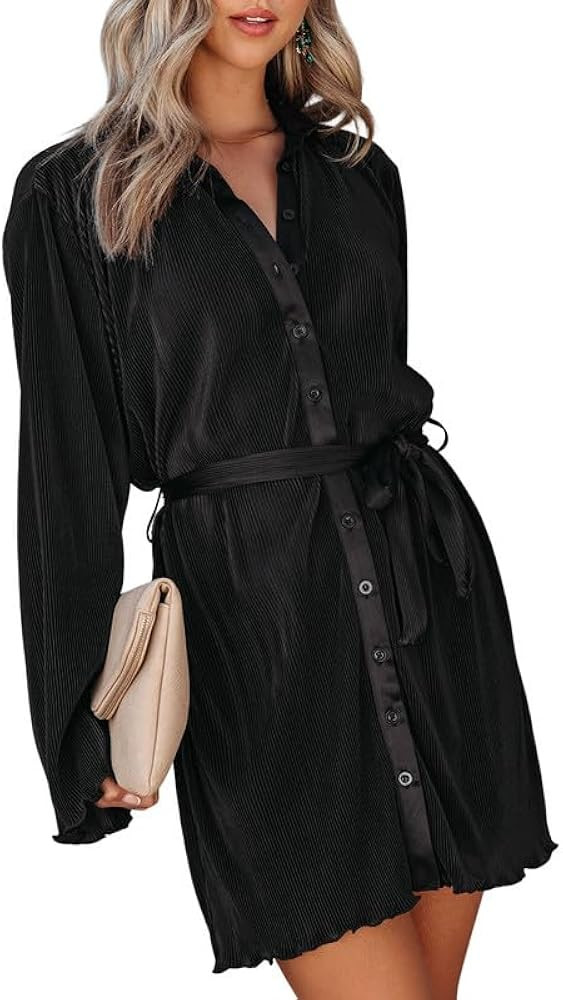 Dokotoo Womens 2023 Fall Collared V Neck Button Down Dresses Long Sleeve Tie Waist Pleated Casual... | Amazon (US)