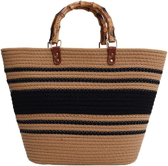 Summer Straw Handbags for Women Bamboo Handle Tote Bag Woven Beach Bags Vacation Purse | Amazon (US)