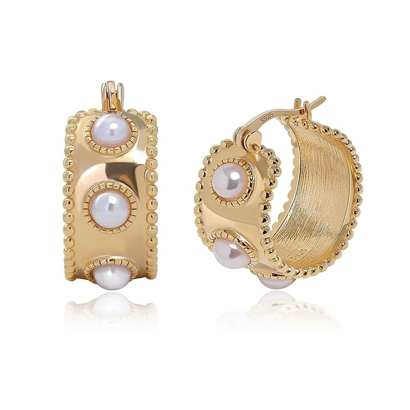 Gold Hoop Earrings for Women Chunky Pearl Huggie Earrings 925 Sterling Silver Wedding Hoops, Gold | Amazon (US)