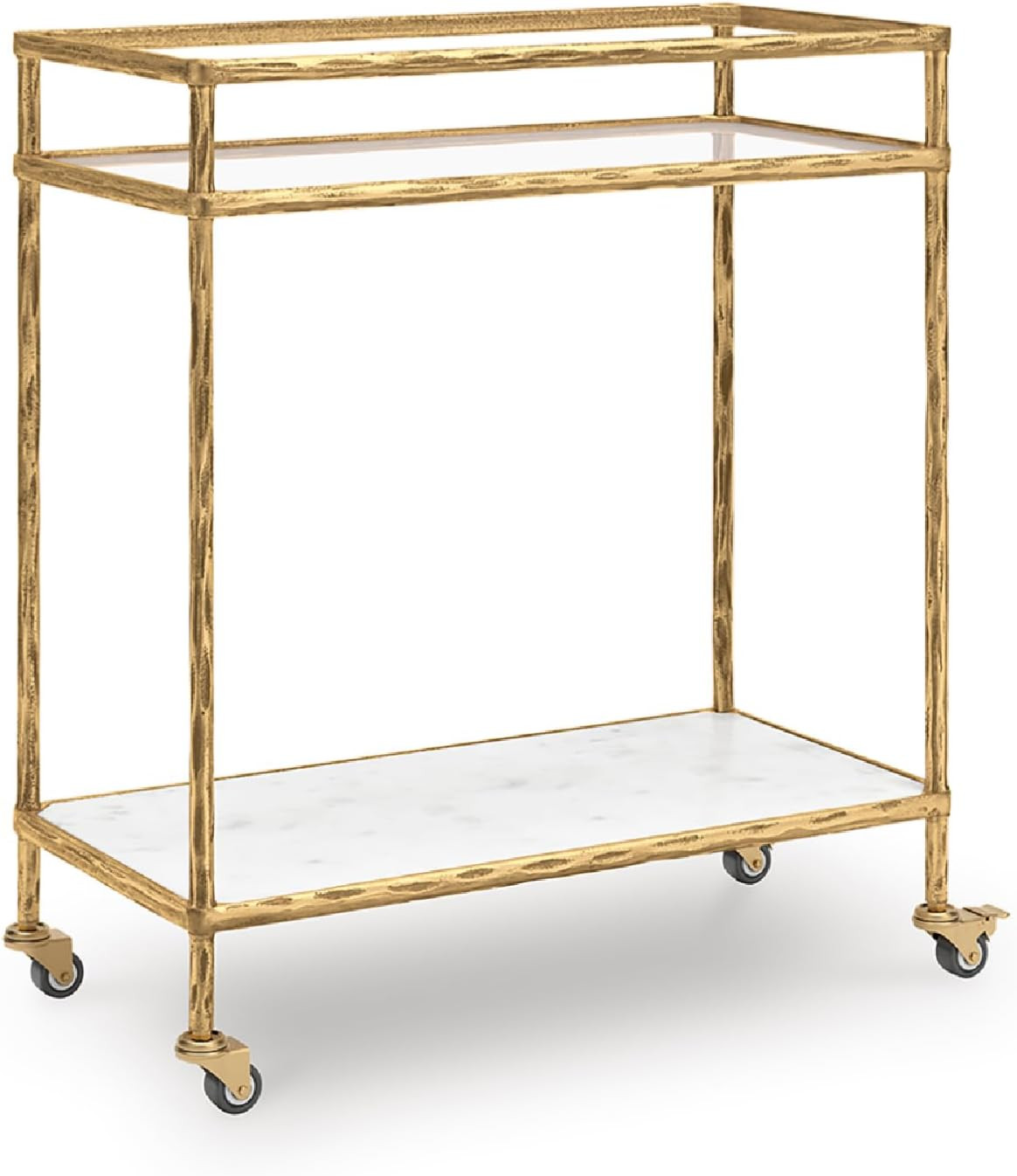 Signature Design by Ashley Plattfield Contemporary Bar Cart with Glass & Marble Shelves and Locking Casters, Antique Gold & White | Amazon (US)